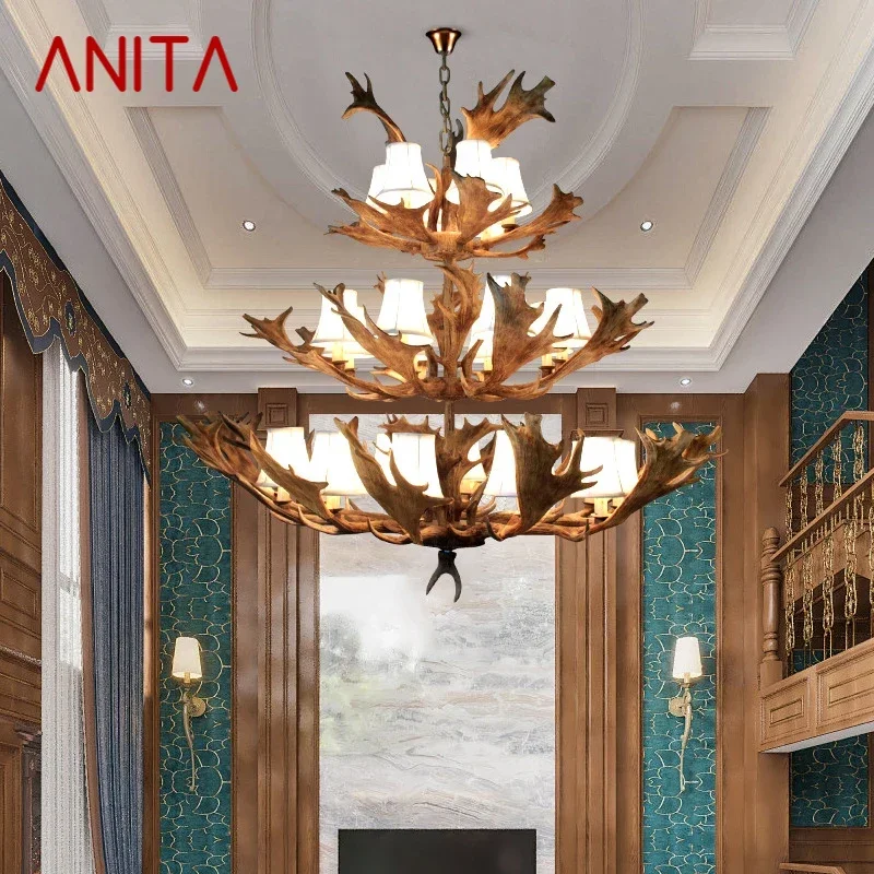 

ANITA American Retro Deer Antlers Chandelier Hotel Lobby Cafe Shop Clothing Exhibition Hall Villa Clubhouse Pendant Light