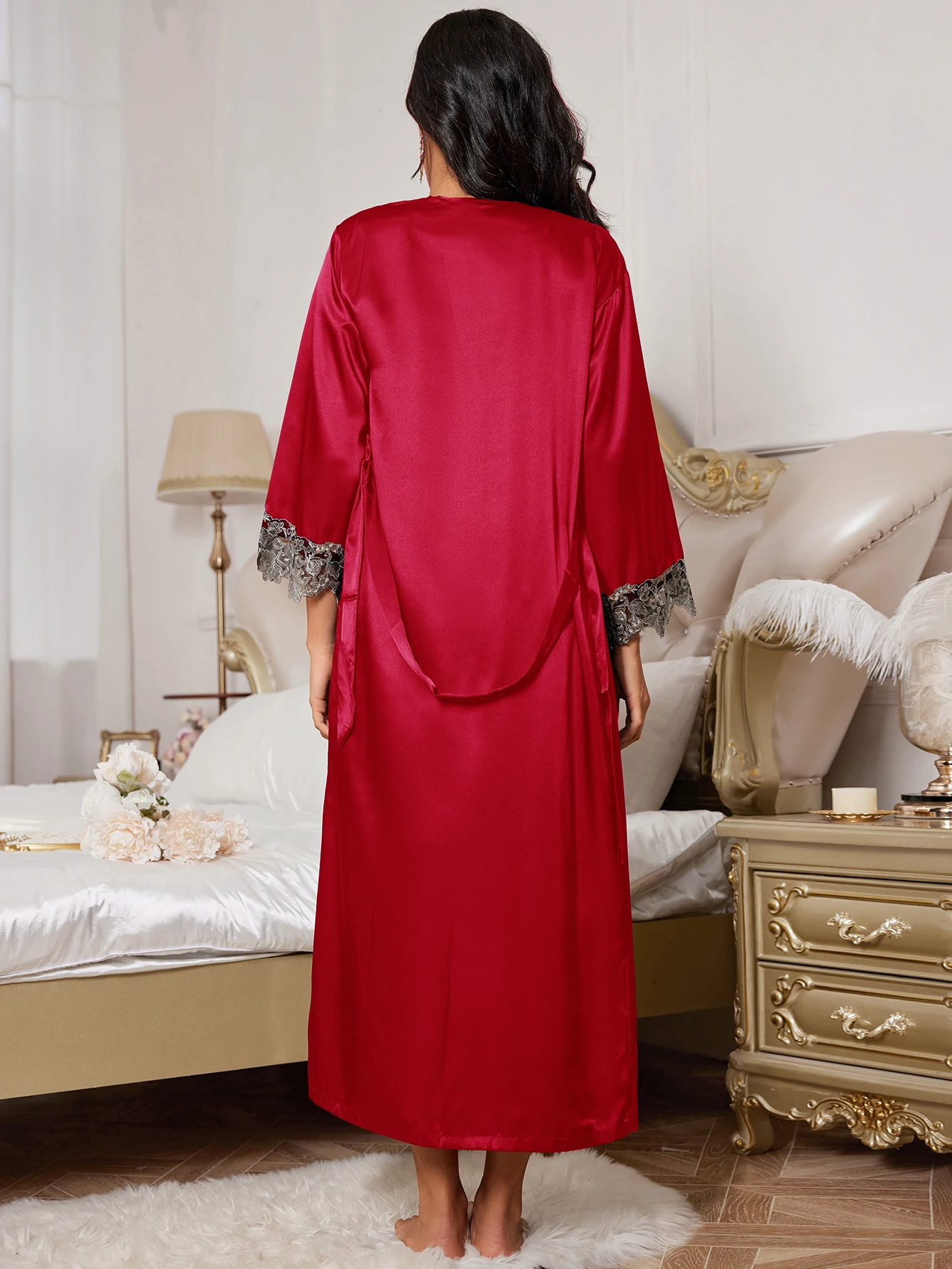 ประณีตสีทึบ Lacy Border ชุดนอนเซ็กซี่ Nightdress หรูหรา Nightgown Casual หลวมสุภาพสตรีชุดนอน