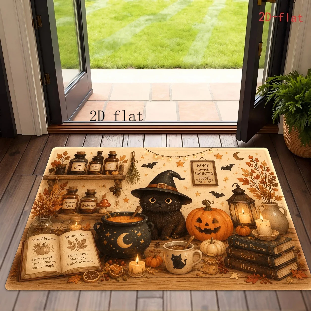 Witch Cat Pumpkin Brew Halloween Carpet Beige Shelf Potion Bottle Autumn Leaf Print Non Slip Soft Mat