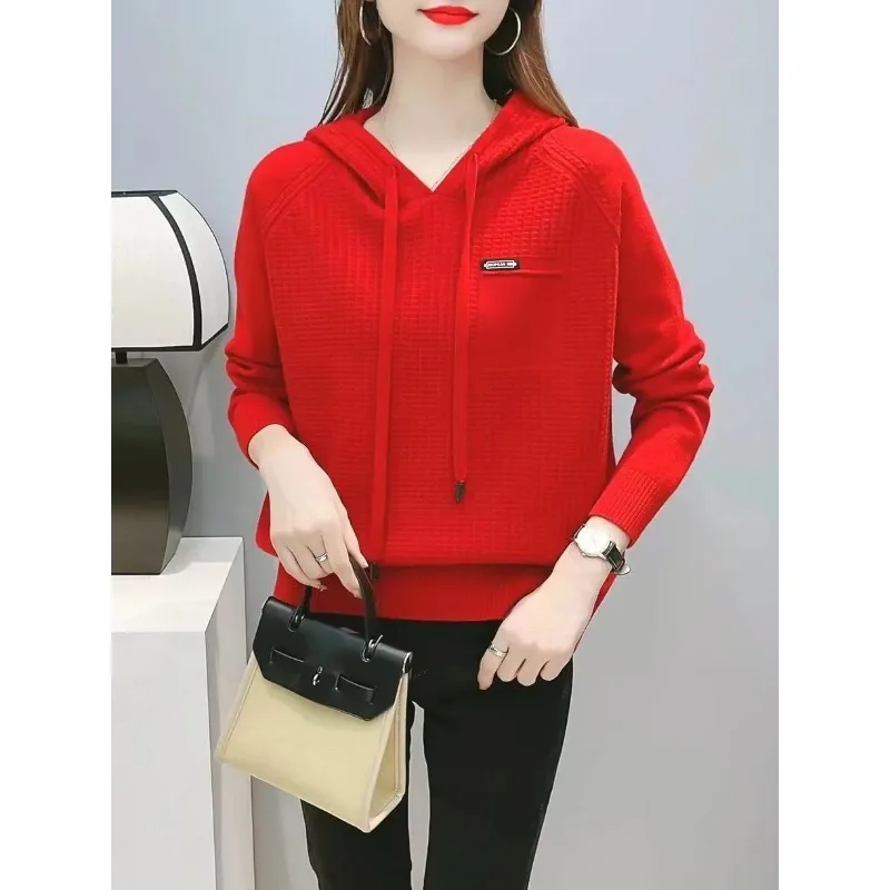 

Women's New Spliced socket Hooded Fashionable Solid Color Versatile Casual Long-sleeved Knitted Top