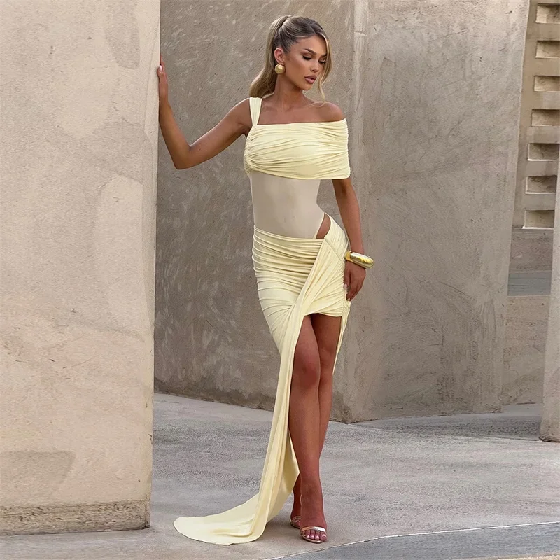 Yellow Women Prom Dress 2 Pcs Jumpsuit+Short Skirt Sexy Sleeveless Sheath Party Gown Daily Casual Holiday Formal Birthday Robe