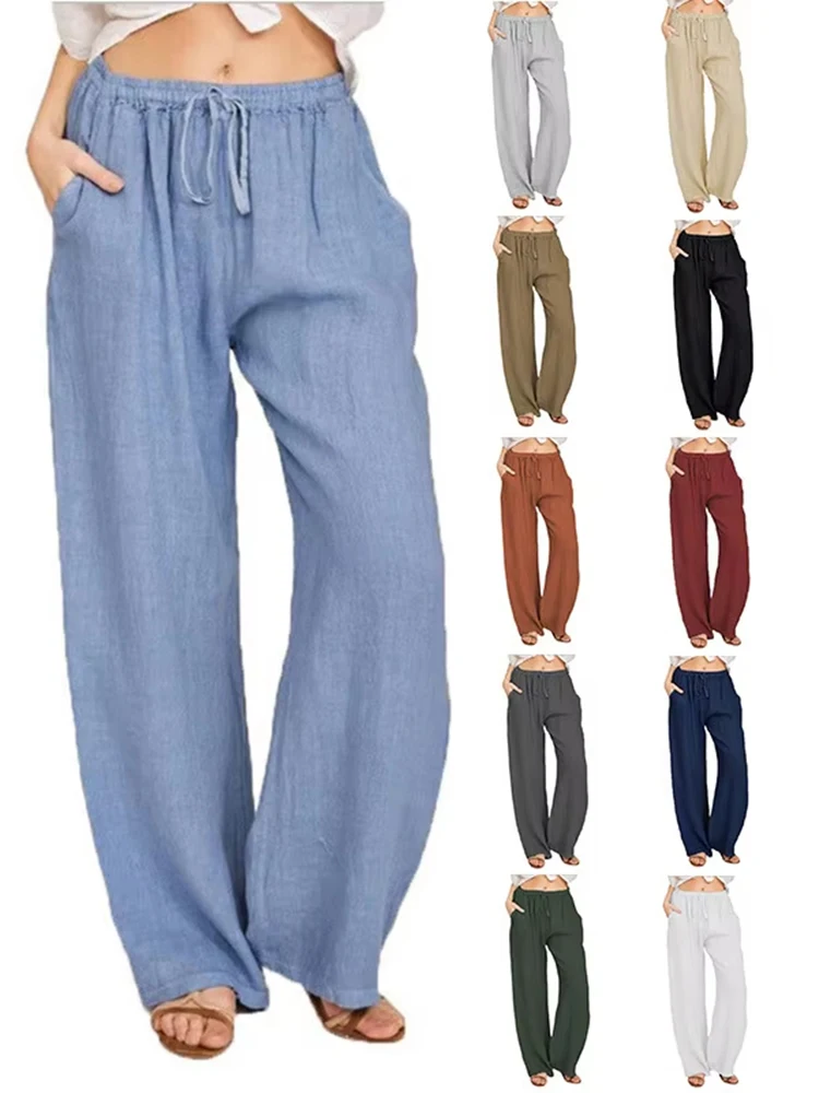 

Новинка 2025, повседневные женские свободные хлопковые брюки из конопли, простые широкие брюки с широкой талией, прямые брюки-трубы для отдыха