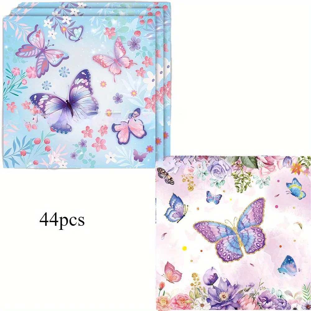 44 pz 33*33 cm Tovagliolo Usa E Getta Festa Viola/Rosa Farfalla Fiore Pianta Stampato Tovagliette di Carta per il Layout della Tavola di Nozze