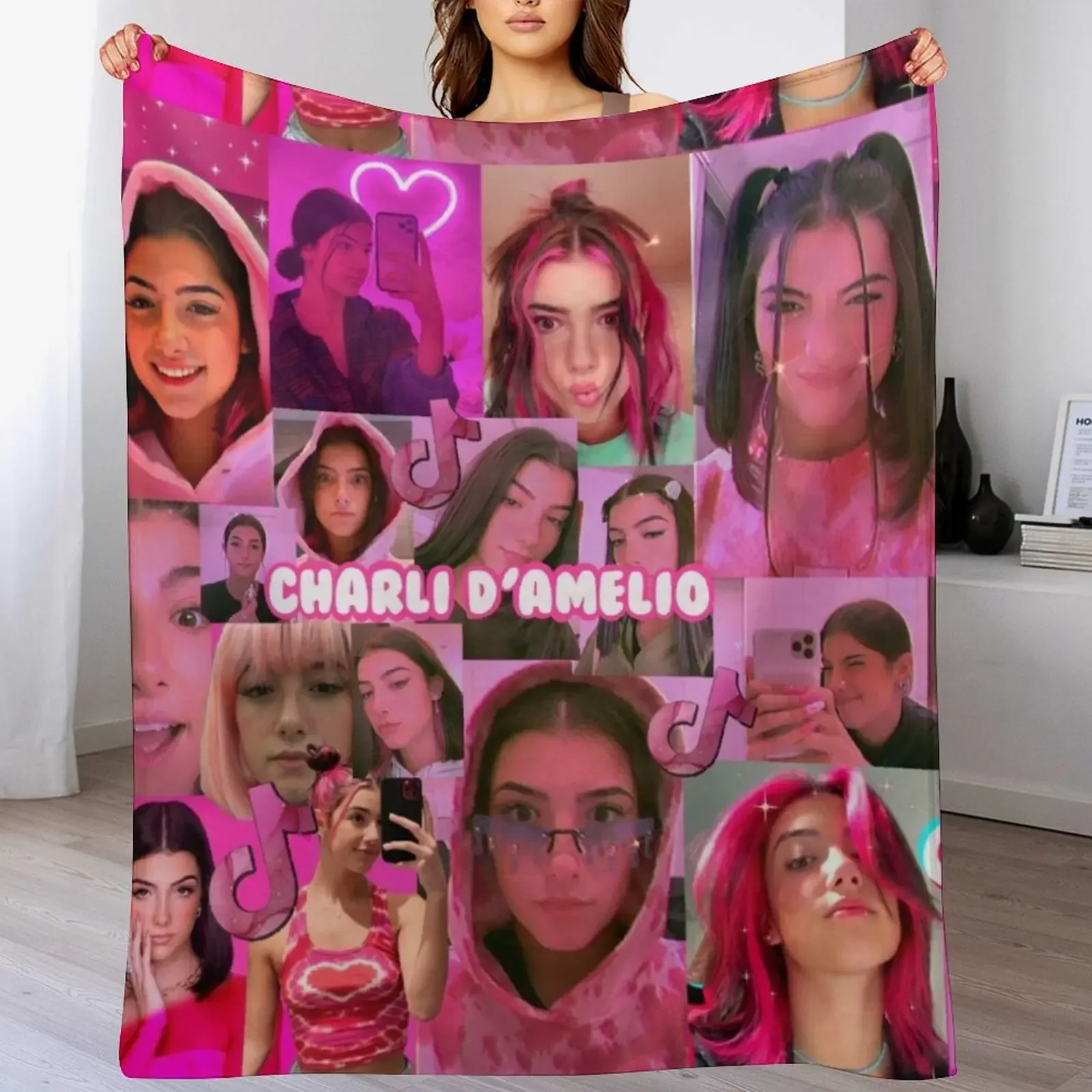 

Pink Charli DAmelio collage Throw Blanket Baby cosplay anime Luxury St Personalized Gift Blankets