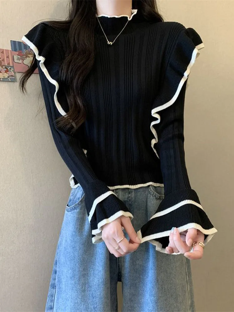 Jmprs Ruffles Sweet Knitted Sweaters Women Casual Long Sleeve Elegant Pullovers Korean Fashion Mock Neck Slim Solid Jumper Tops