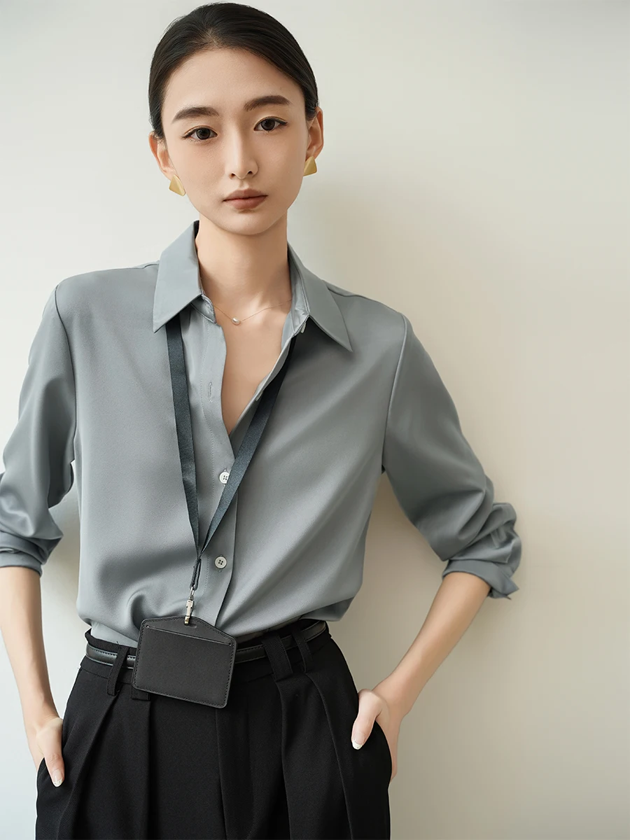 

Женская атласная блузка Achu een ey для офиса и деловых встреч, простой элегантный прямой крой, длинный рукав