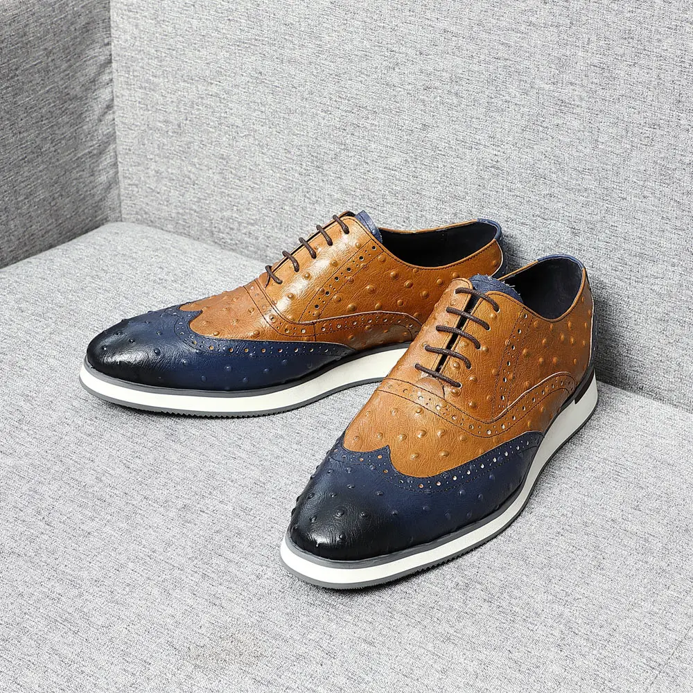 Ostrich Skin Pattern Genuine Leather Elegant Social Shoe Classic Double Color Matching Oxfords  Casual Flat Shoes for Man Party