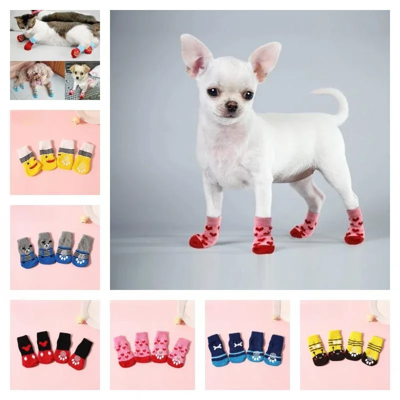 Meias de malha antiderrapante para animais de estimação, cães pequenos e gatos, meias para cachorros, botas chihuahua, roupas internas de inverno, protetores de pata