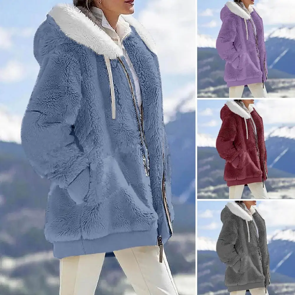 2023 New Women\'s Winter Coat Solid Color Warm Plush Large Size Ladies Coat Fall Winter Loose Plush Zipper Hooded Women\'s Coat