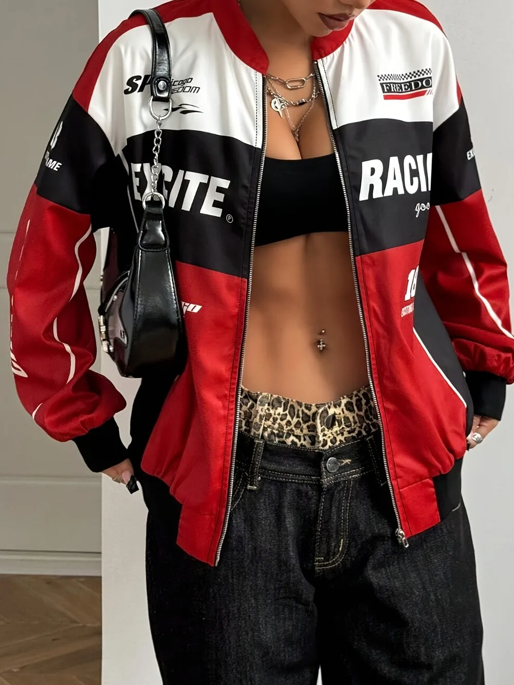 Frühling/Herbst College-Jacke Oberteile Damen Langarm Racing Bomber Letterman Jacken Farbblock Y2k Oberbekleidung Vintage Streetwear – Detail 3