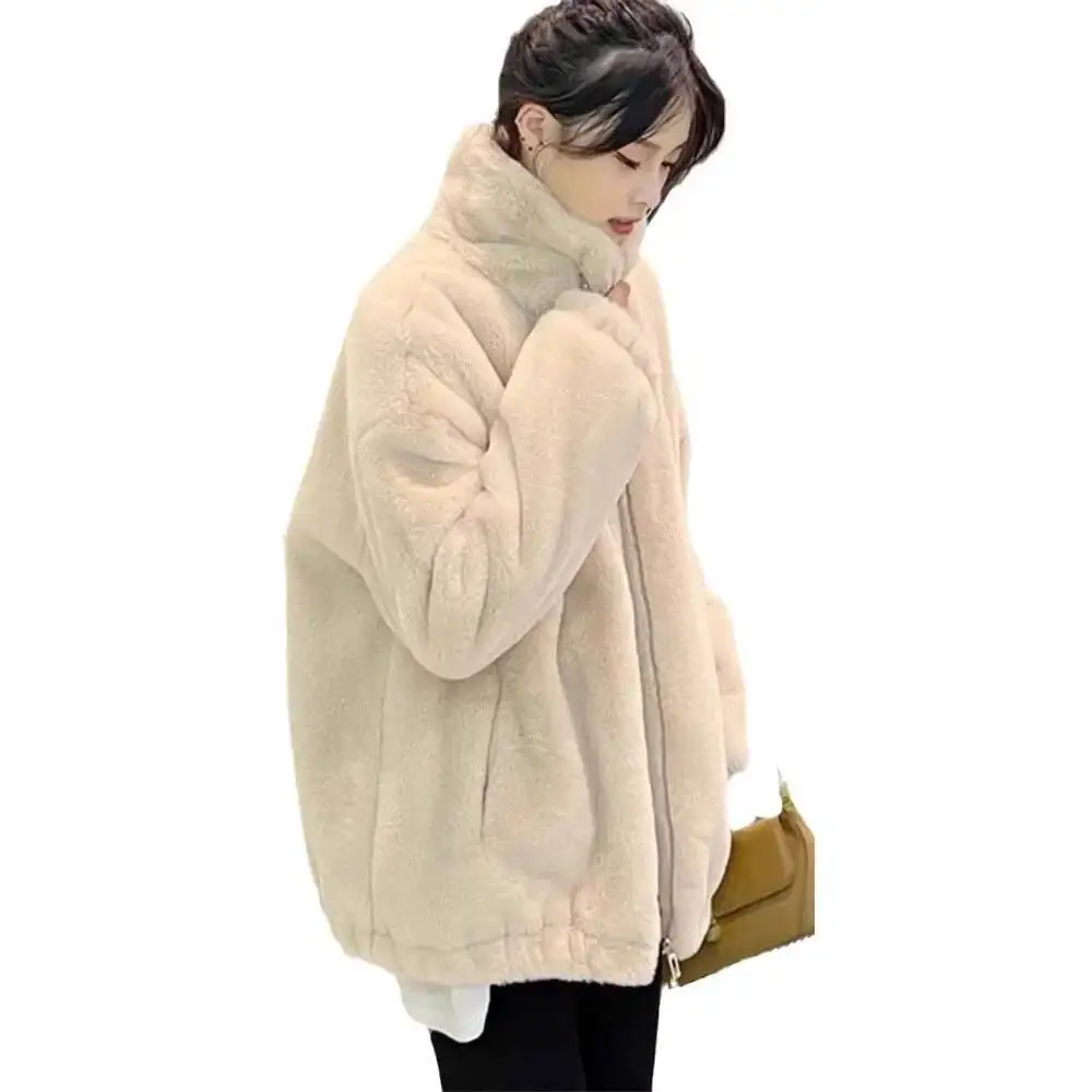 Lamb Fur Jacket Women's Double-Sided Fluffy Thickened Loose Winter Fashion Outerwear Polyester Fiber Stand Collar Full Sleeve