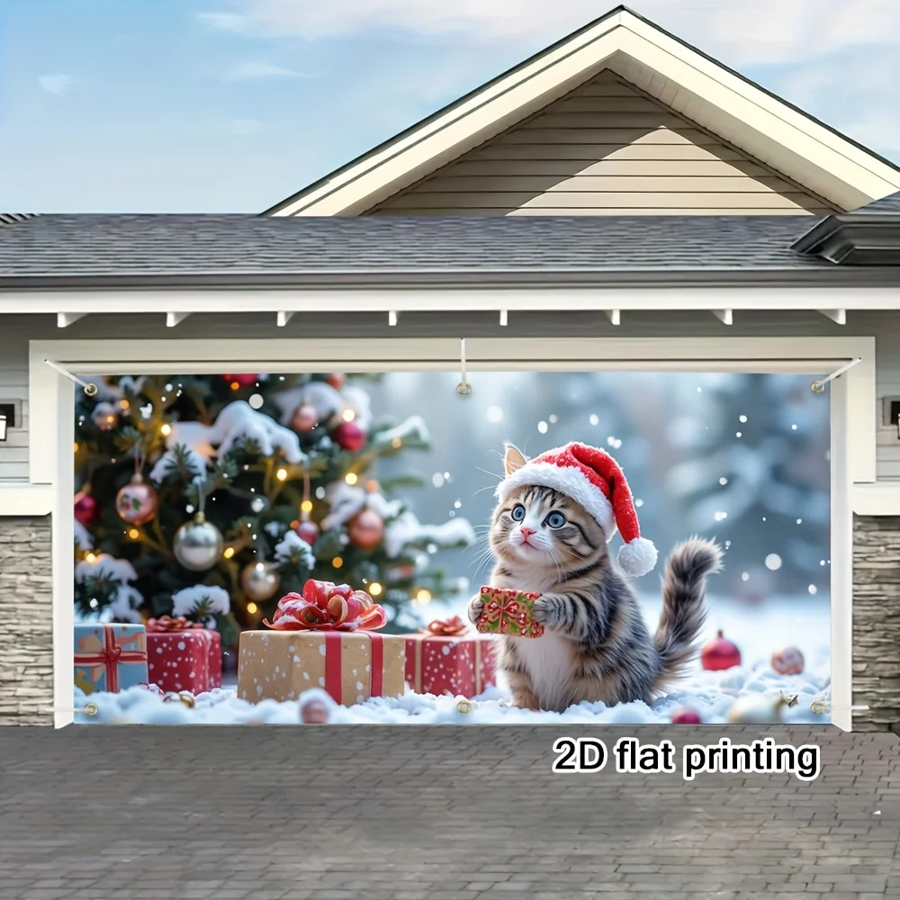 1 pièce, écureuil miracle d'hiver, drapeau de garage conçu du père noël, paysage de neige avec boîte cadeau