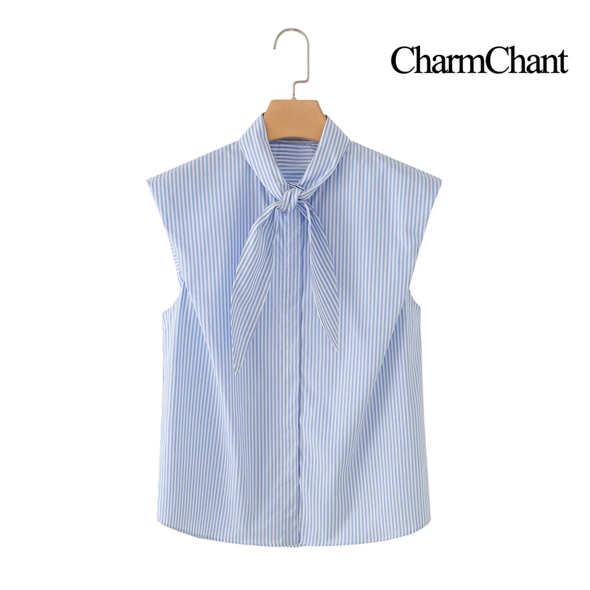 CHARMCHANT Women's Blue Sleeveless 100% Cotton Shirt with Bow Tie Neck Elegant Flattering Office Work Blouse Spring Summer 2026