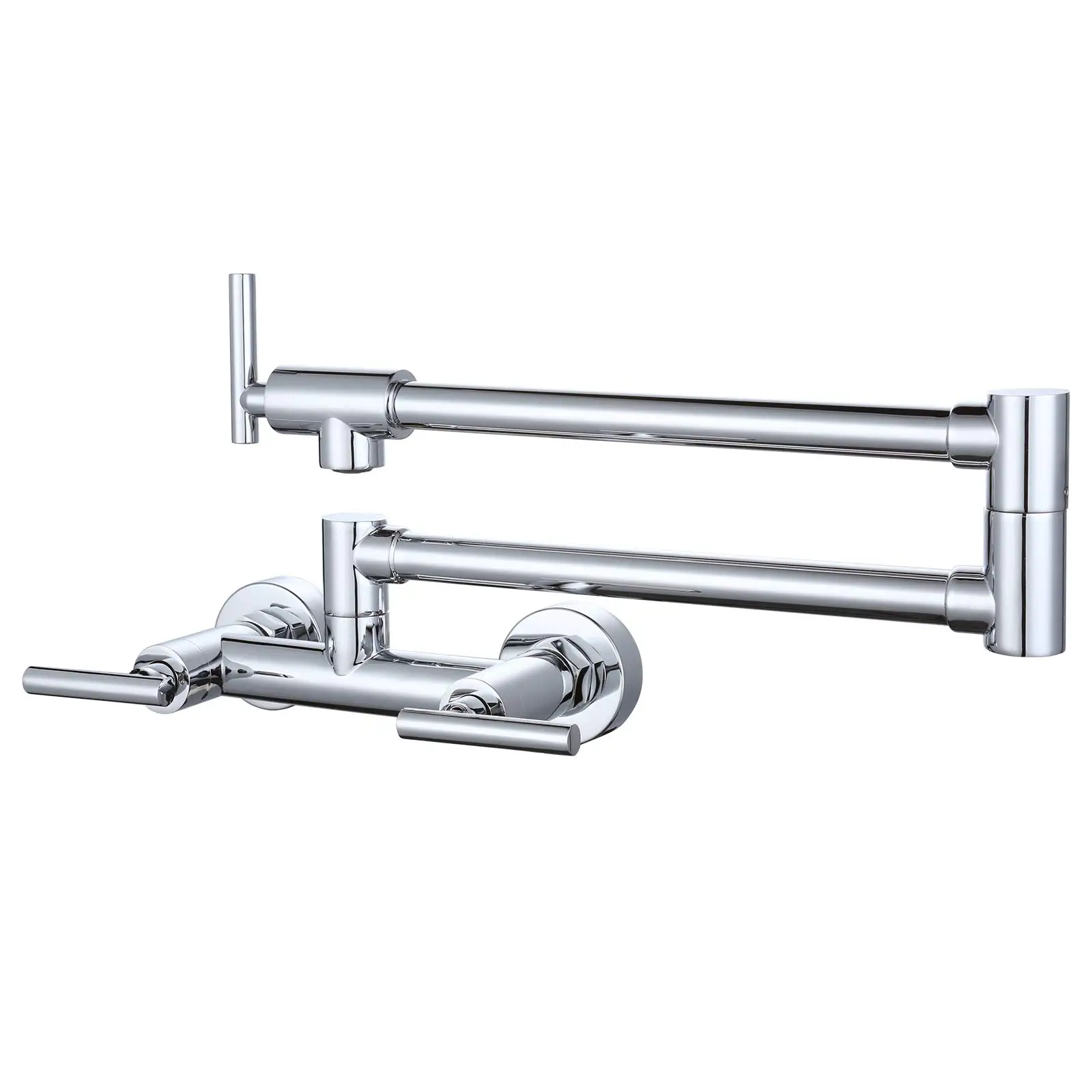 Folding kitchen hot and cold faucets, wall mounted restaurant faucets, brass 3-handle 2-hole double joint rocker arm faucets
