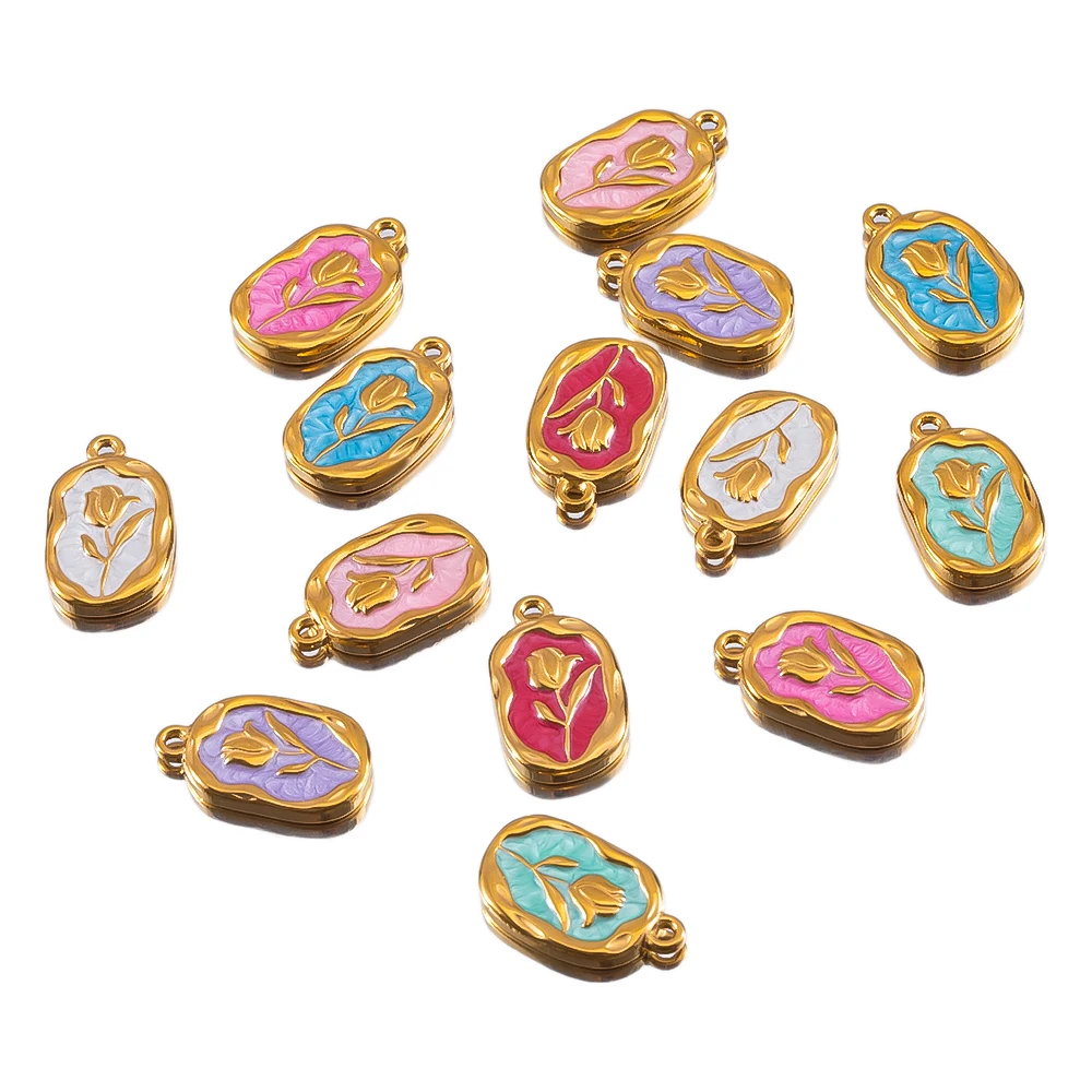 

2pcs Stainless Steel Enamel Rose Charms Bracelet Necklace Pendant Connectors For DIY High Quality Jewelry Making Accessories