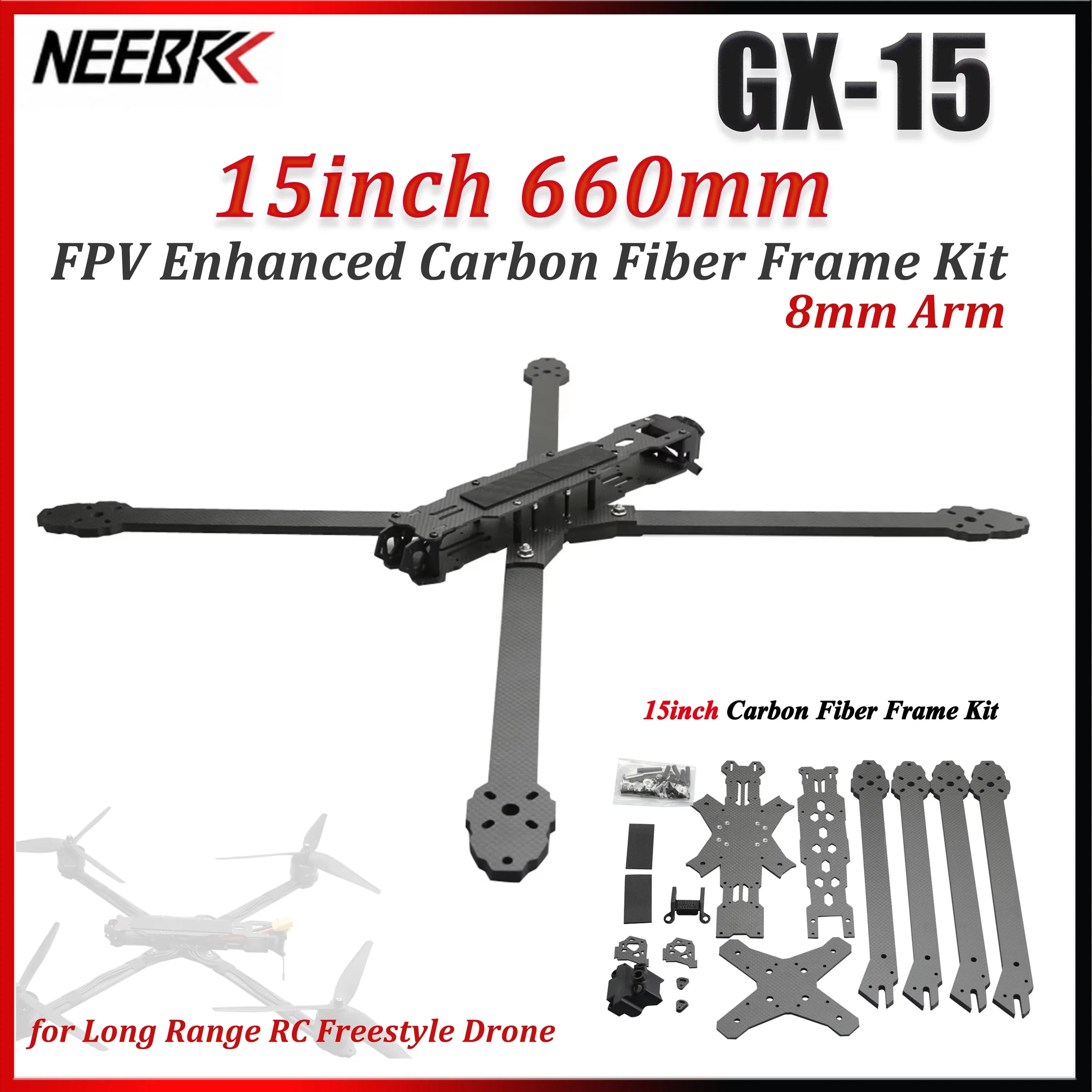 

GX-15 15inch 660mm FPV Enhanced Carbon Fiber Frame Kit 8mm Arm for Long Range RC Freestyle Racing Drone X-class DIY Parts
