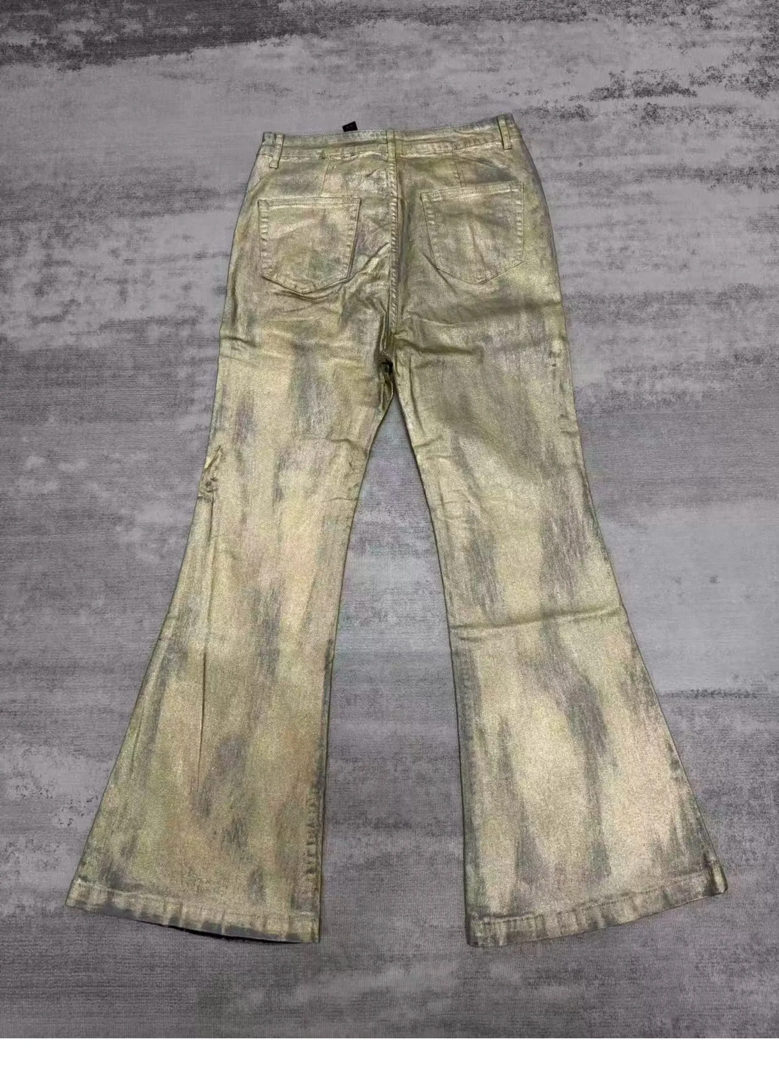 High Street RO Wind Pant Men Heavy Industry Coating Gold Brushed Three Dimensional Floor Pulling Horn Jeans Gold Plated Pants