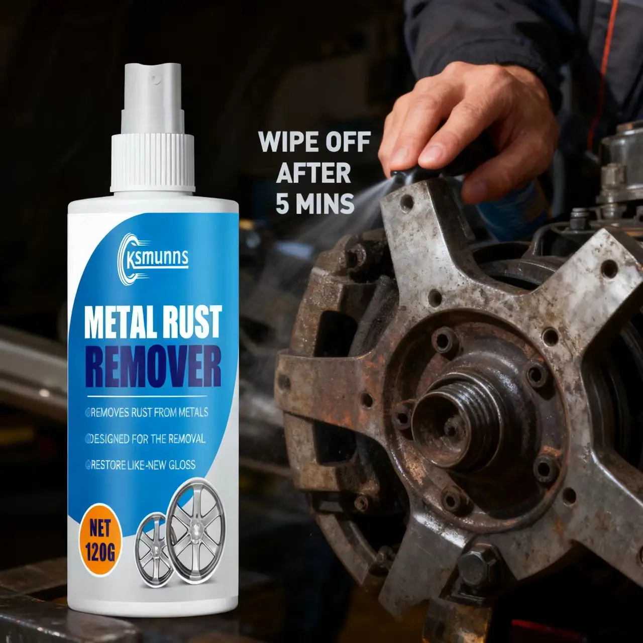 Ksmunns 120g Metal Rust Remover Spray – Removes Rust from Metals, Restores Like-New Gloss, Fits Car Rims/Hardware, Easy to Use