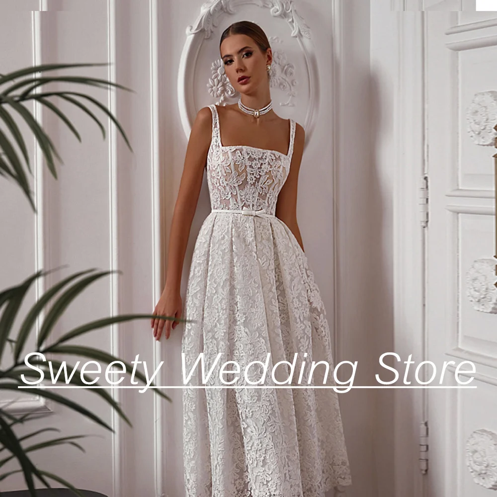 Short Lace Wedding Dresses Customized New Arrival Sleeveless Square Neck Backless Corset Bridal Gown Robe De Mariee Bride Dress