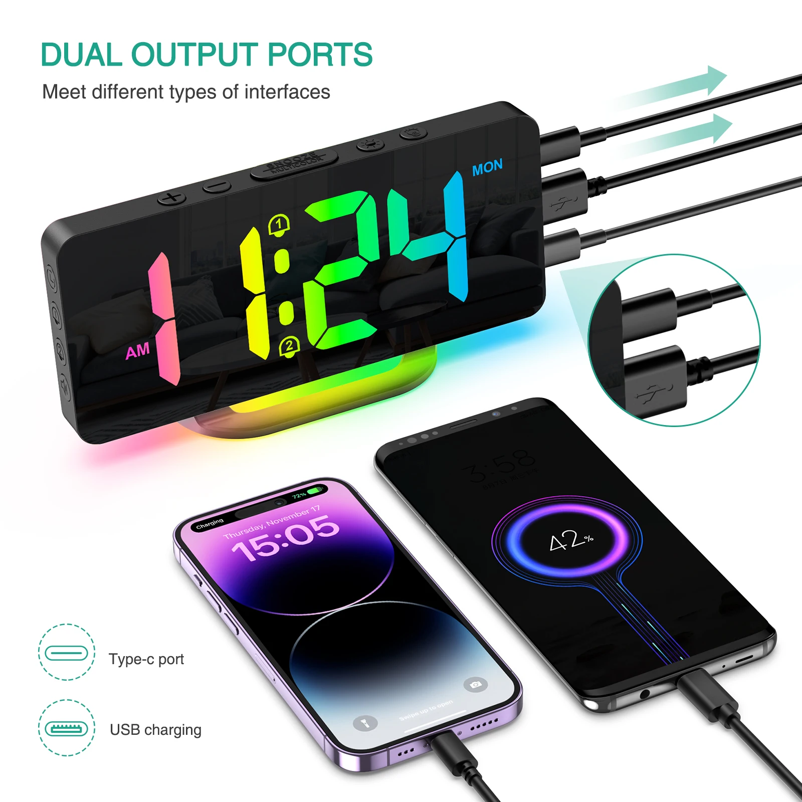 ORIA Reloj Despertador Digital LED RGB con luz nocturna ambiente regulable - imagen 5
