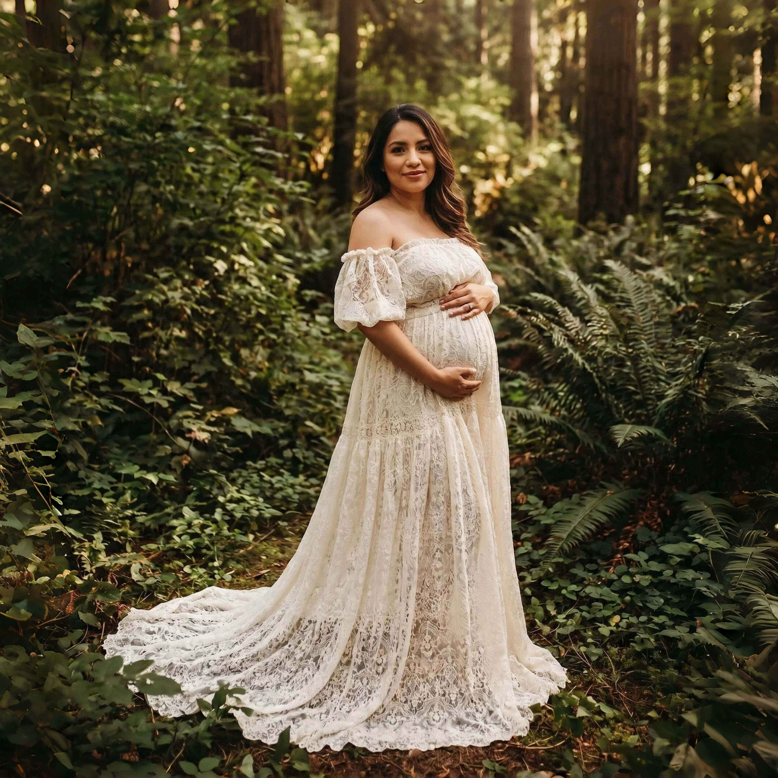 

Beige Lace Boho Maternity Photography Dresses Slash Neck Baby Shower Dress Long Train Pregnant Woman Photo Session Wear