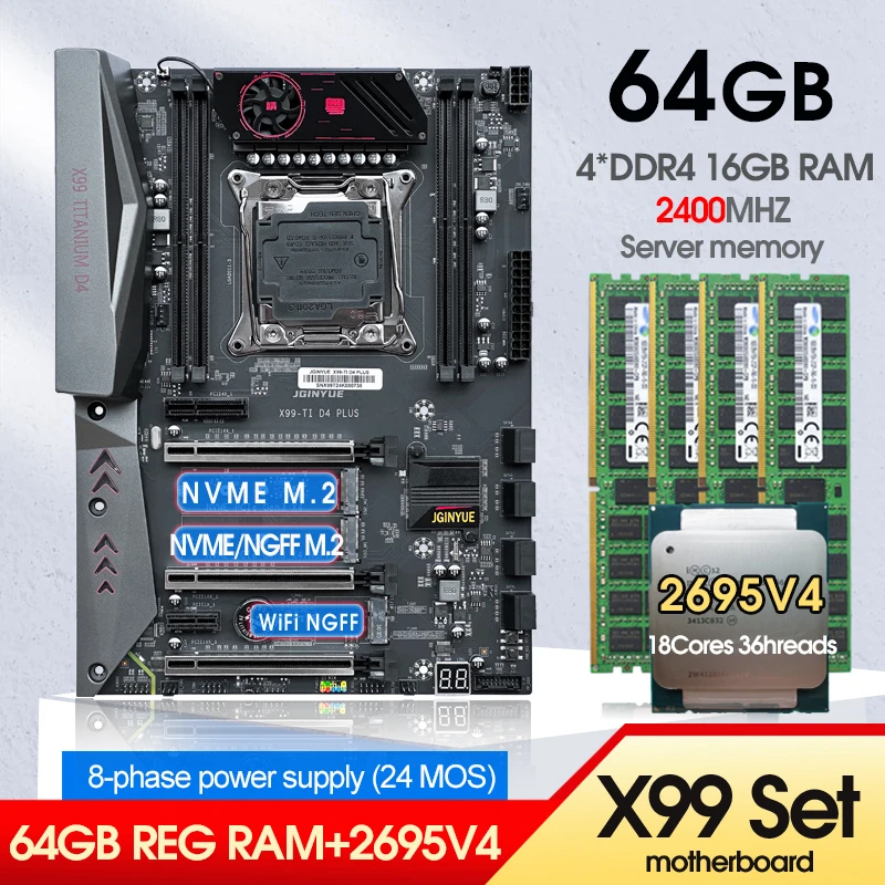 X99 Motherboard Kit set Combo Xeon E5 2695 V4 CPU LGA 2011-3 4*16GB=64GB DDR4 2400MHZ RAM Memory Support NGFF NVME M.2 USB 3.0