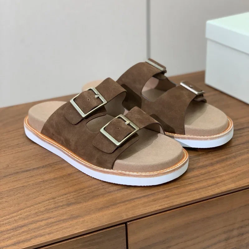 

Летние тапочки для мужчин и женщин, кожаные слипоны на плоской подошве, повседневные удобные новые шлепанцы с круглым носком, уличная пляжная повседневная прогулочная обувь для отдыха