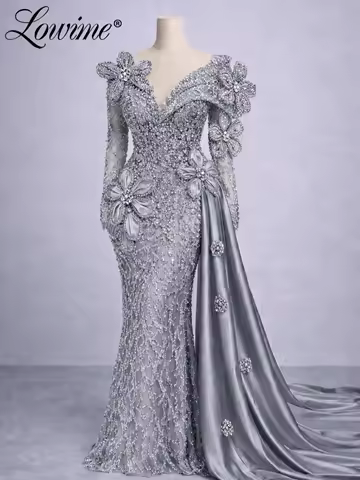 Silver Grey Dubai V Neck Evening Dress Floral Long Sleeves Birthday Party Dresses فساتين سهرة Prom Dress Customized