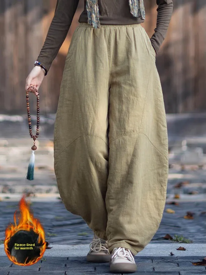 

Warm Cotton Linen Fce Lined Pants Elastic Waist Loose Fit Faionable Casual Wide Leg Lantern Pants for plus Size Women