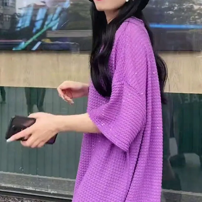 Minimalist Casual Summer Women's Solid Color V-neck Waffler Fashion Korean Versatile Loose Fitting Short Sleevemid Length Dress