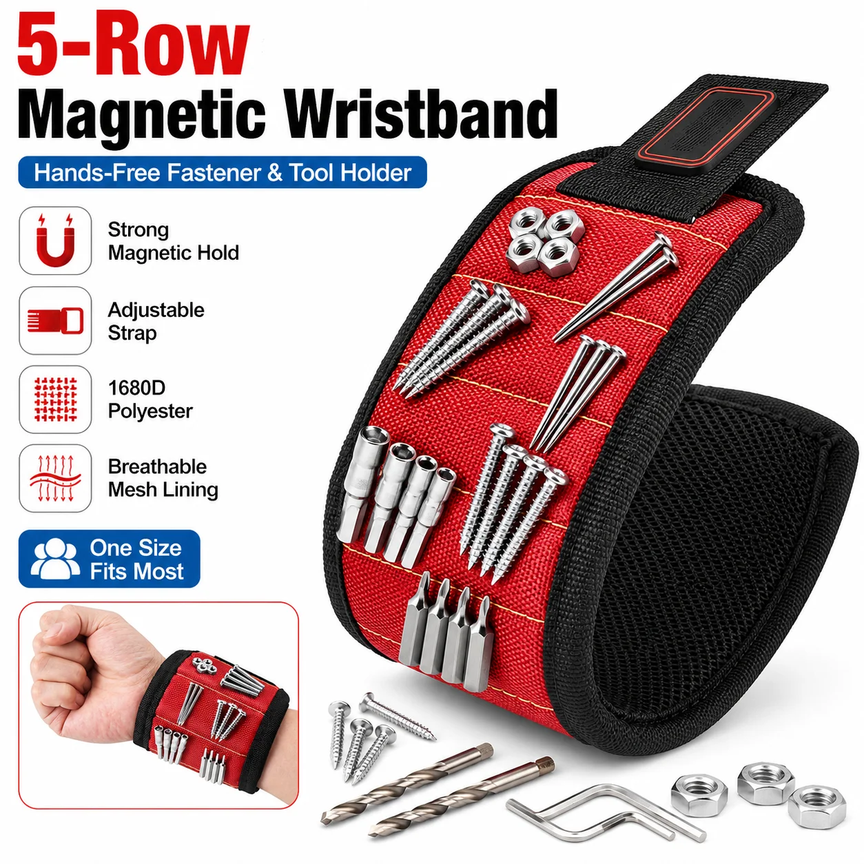 Magnetic Tool Wristband 5 Rows 10 Magnets Red 1pc for Screws Nails Carpentry DIY Fathers Day Gift