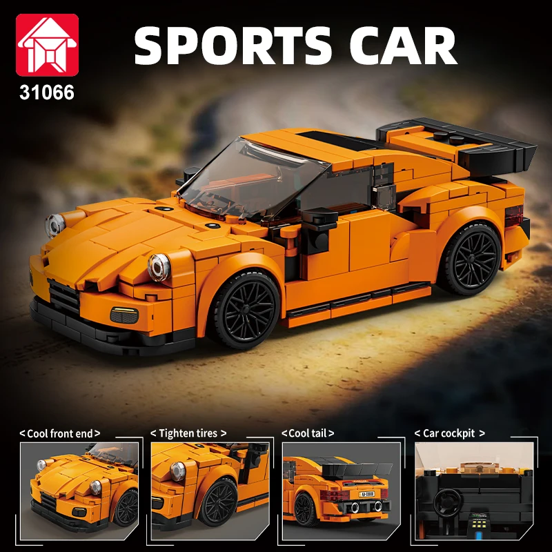 Classic Orange Color Scheme, Sports Car Racing Building Blocks, Eight-Grid Car Series, Trailer, Boy's Educational Toy Gift