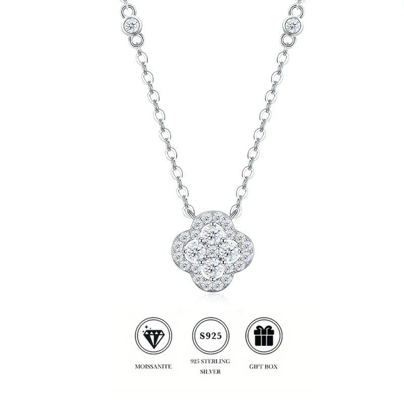 

Minimalist Pave Moissanite Four Leaf Clover Necklace - 925 Silver Delicate Chain Jewelry for Daily Wear