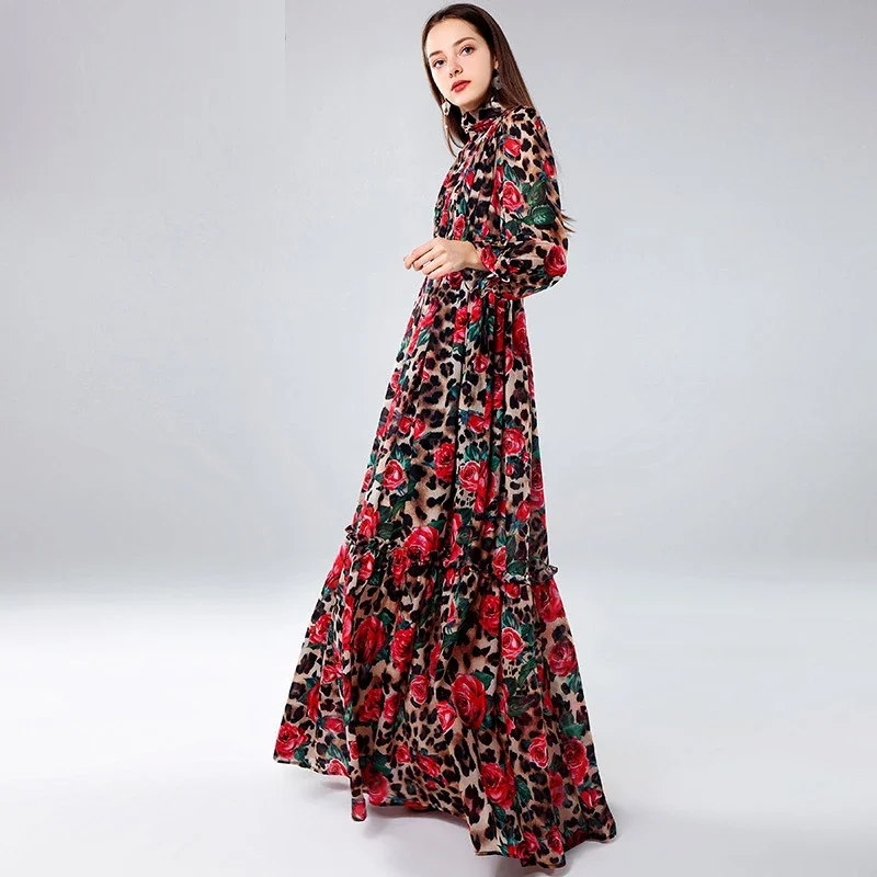2023 moda seksowna wzór w cętki róża kwiatowy rękaw z elegancka, długa i wakacyjnymi sukienkami Maxi dla kobiet
