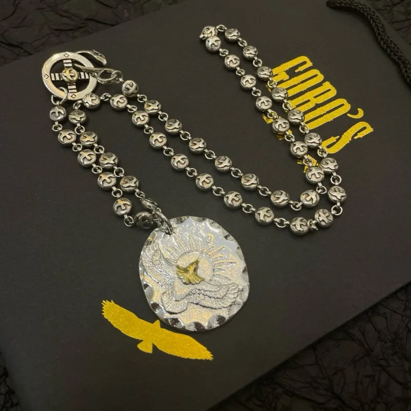 

Japan Tide Takahashi Goros Classic Vintage Silver Round Golden Eagle Pendant Classic Logo Necklace Fashion Couple Versatile