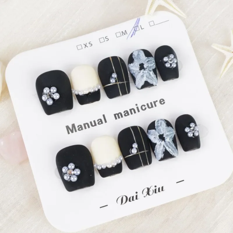 

10pcs French Style Press on Nails Creative Fake Nail Art with Drill Manicure Daily Party Wear Ideal Holiday Gift for Girls