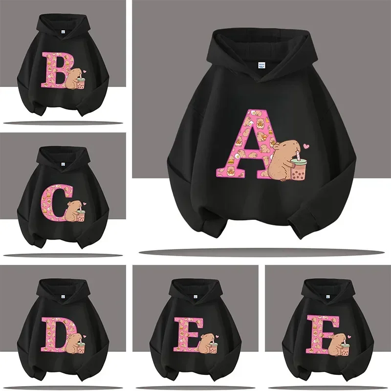 

Letter A-Z Kapibara children's hooded sweatshirt with cartoon print, boys' sportswear, girls' casual top, fall/winter clothing