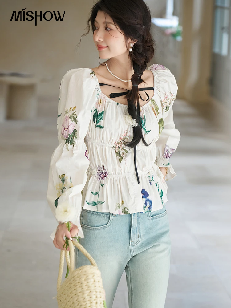 MISHOW blusa francesa con cuello cuadrado, mangas de burbuja de primavera, un hombro con cordones, Top plisado elástico 100 algodón estampado