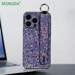 Glitter Diamond Wrist Strap Stand Case for iPhone 15proMax 14 11 12 13 15 Pro Max Plus Lens Protection Bling Silicone Soft Cover