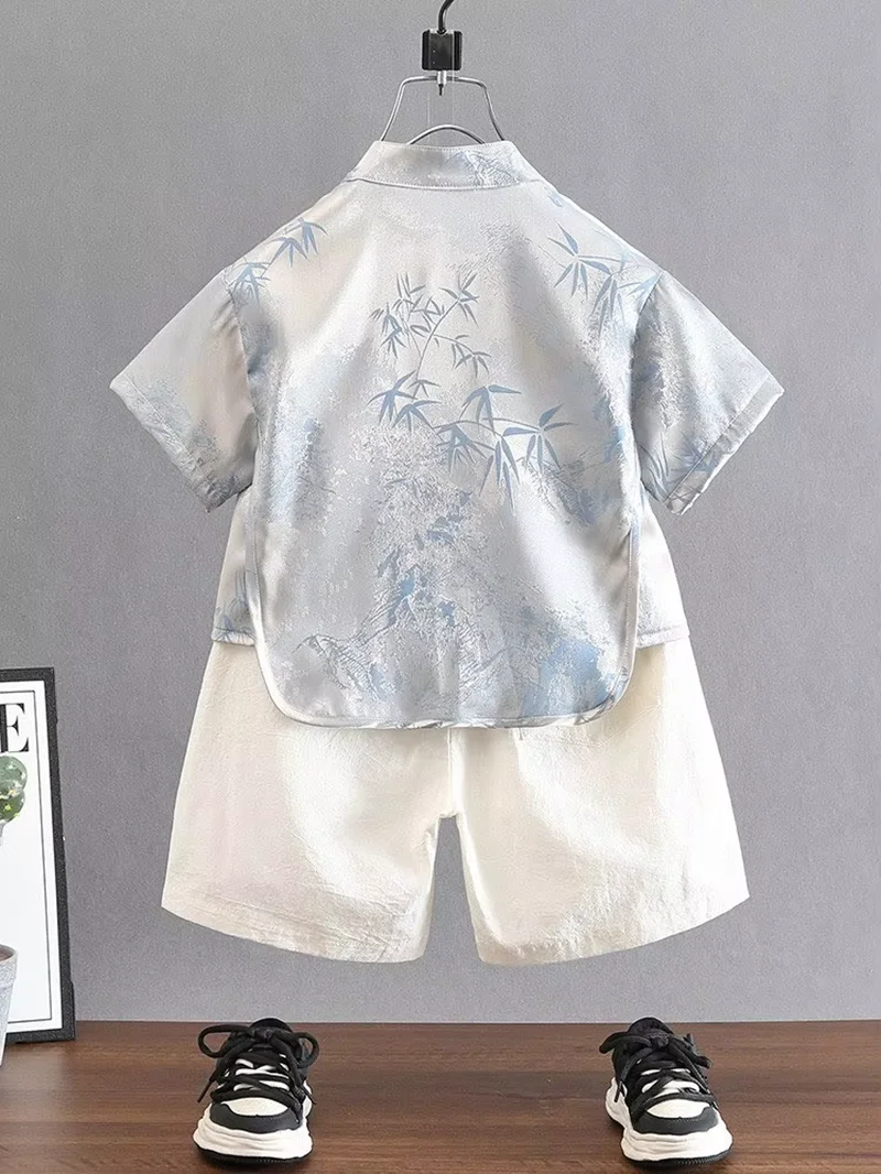 Boys Chinese Hanfu Set Summer Embroidered Short Sleeve Shirt Shorts Tang Suit Kids 2 Piece Outfit 2 3 5 7 9 Y