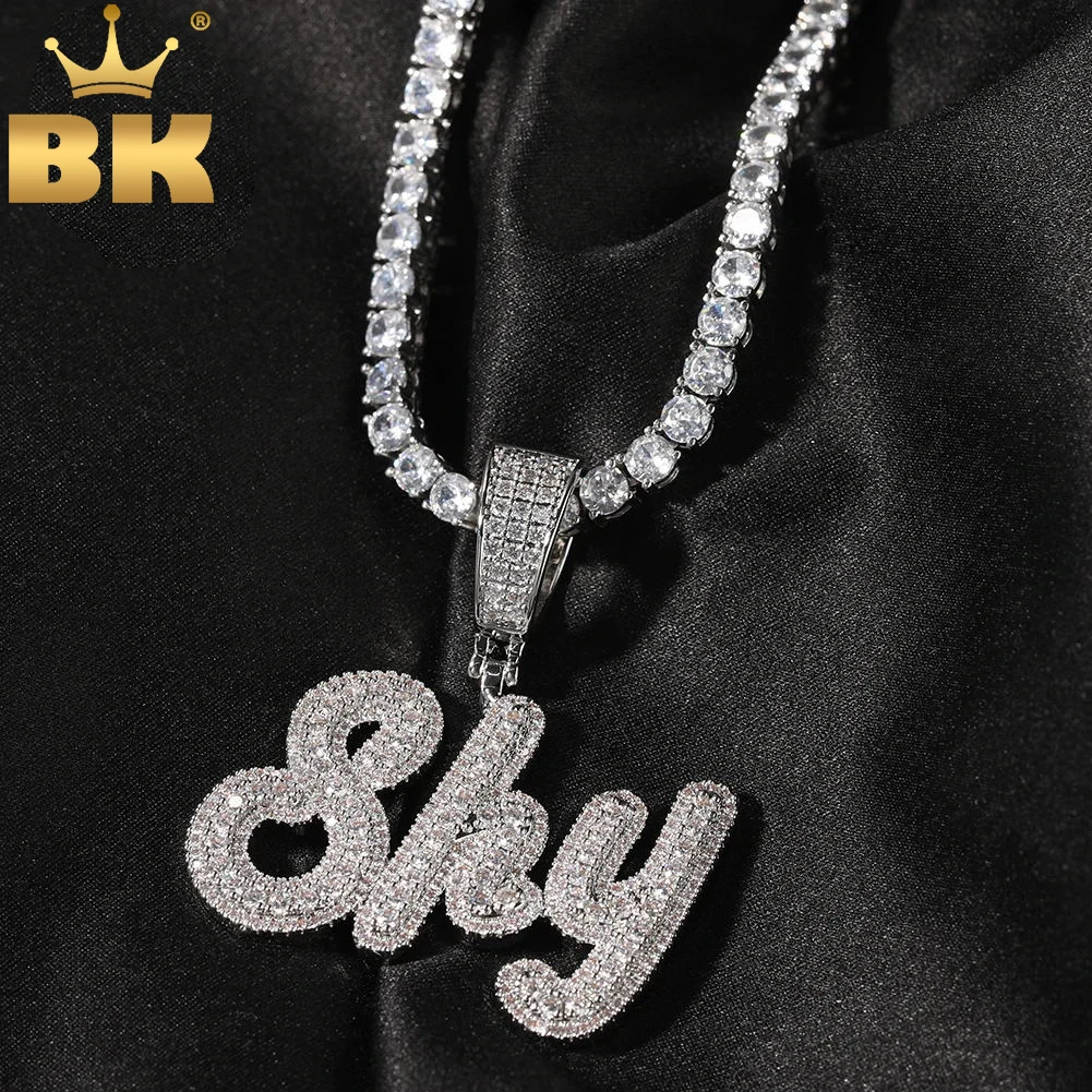 

TBTK Custom Small Size Brush Script Letter Two Tone Pendant Micro Paved Baguettecz Chain Necklace Hiphop Jewelry