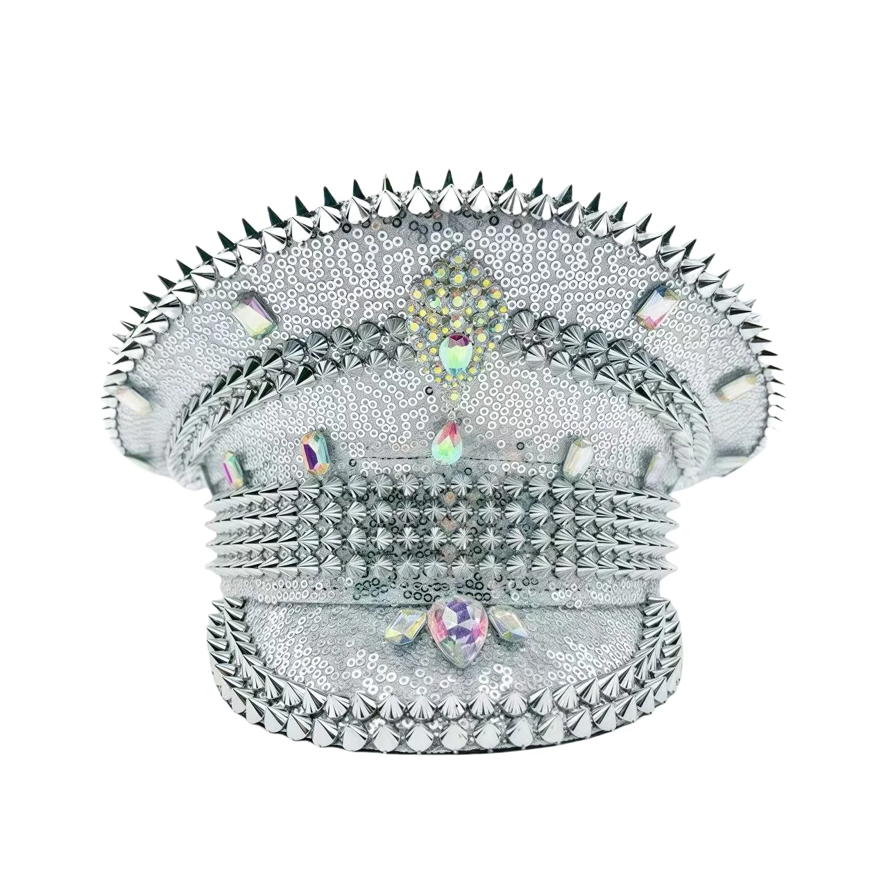 HongLuan Yellow Laser Leather Loop Captain Hat Rhinestone & Military Caps for Woman, Rave Festivals Accessories ＆ Party Cap Man