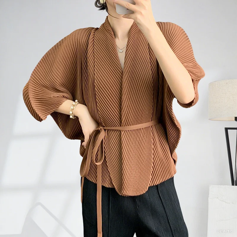 

Miyake Pleated Jacket Fish Scale Cardigan Tops 2025 Fall Pleats Short Jacket Women Bat Sleeve Tops Lace Up Air Conditioner Shirt