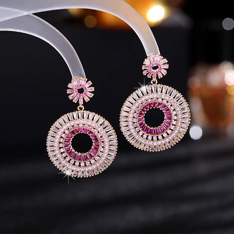 New Sweet and Exaggerated Earrings for Women's Retro Blue Heavy Industry Gradient Pink Zircon Rainbow Ring Earrings