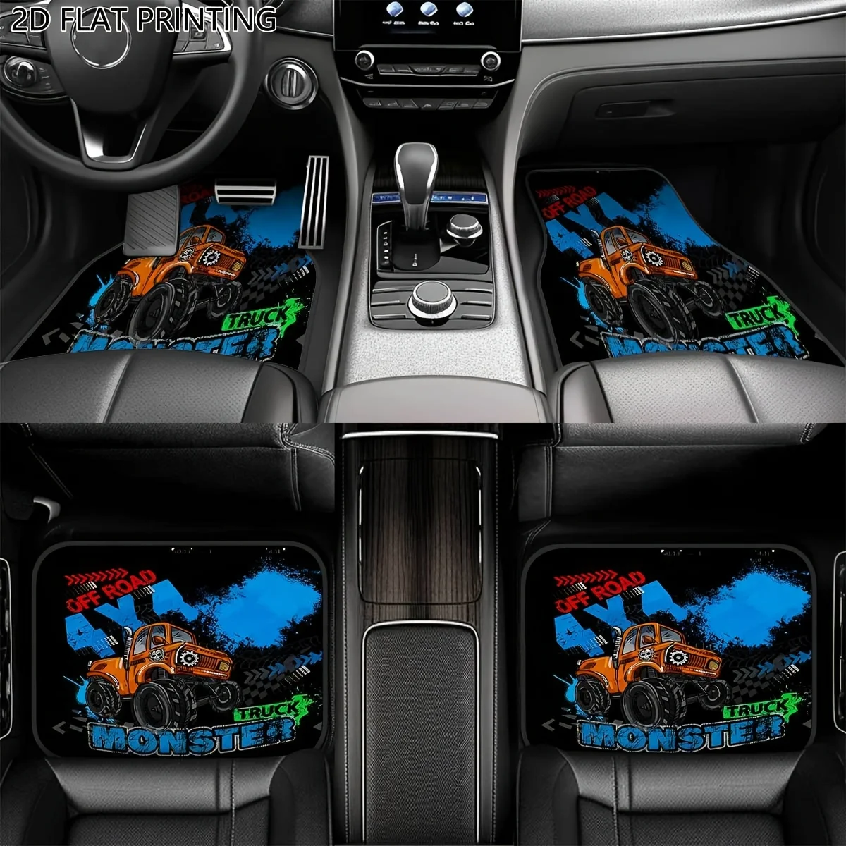 Set Of 4 Off-Road Monster Truck Floor Mats - Made Of Durable Polyester Material, Suitable For Most Vehicles, Featuring A Vibrant