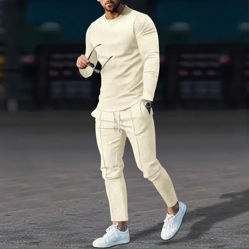 

Two Piece Sets Men Pant Set Round Neck Full Sleeve Solid Casual Tops Splice High Elastic Waist Lace Up Long Pants Autumn