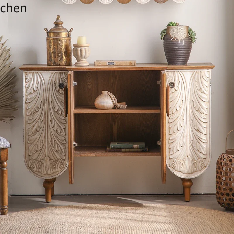

HXL retro entrance entrance foyer relief solid wood decorative cabinet living room wall cabinet home accessories