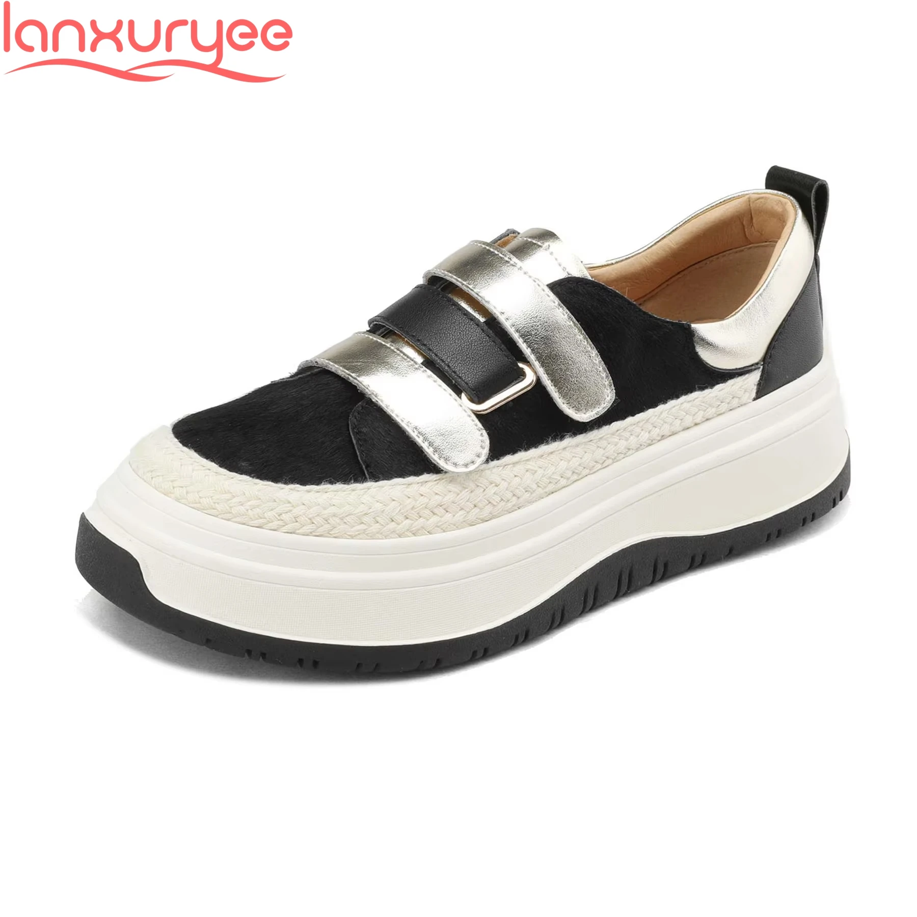 

Lanxuryee Horsehair Leopard Comfort Sneakers Thick Bottom Sport Loafers Casual Vulcanized Shoes Platform Increasing Women Flats