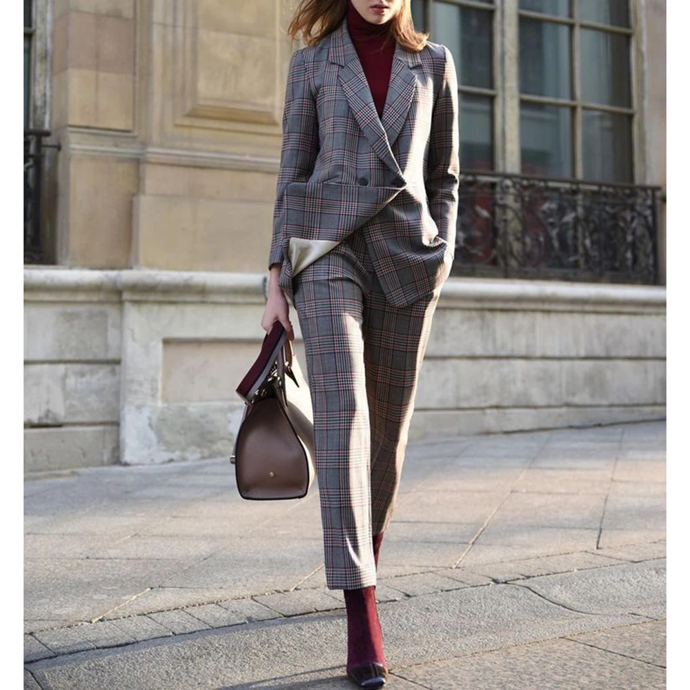 

Винтажный клетчатый женский костюм из двух предметов, комплект индивидуального размера, цветной двубортный пиджак, комплект брюк, офисная деловая женская одежда