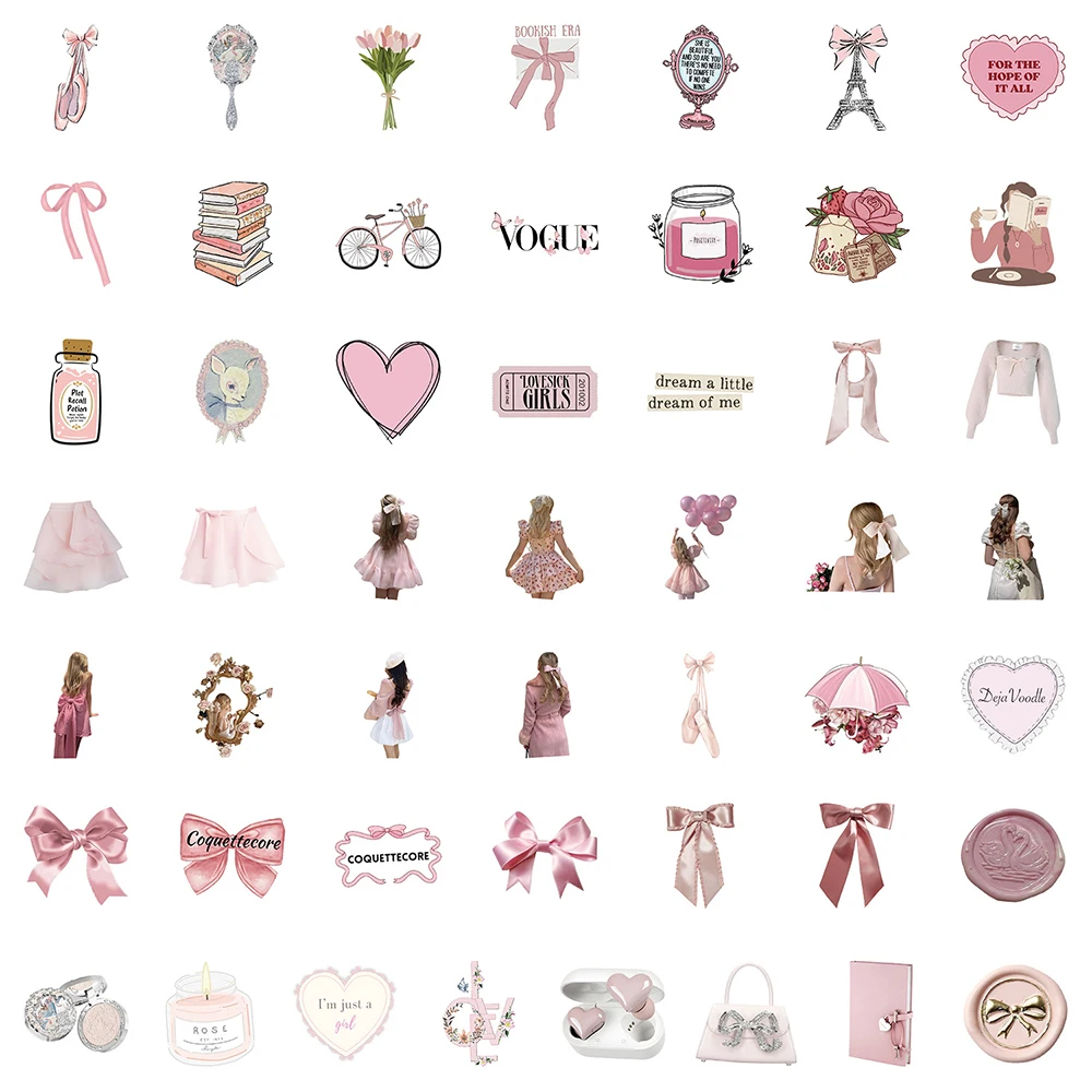 10/30/50pcs Cute Pink Coquette Aesthetic Stickers Kawaii INS Style Girl Sticker Decoration Luggage Phone Laptop Graffiti Decals